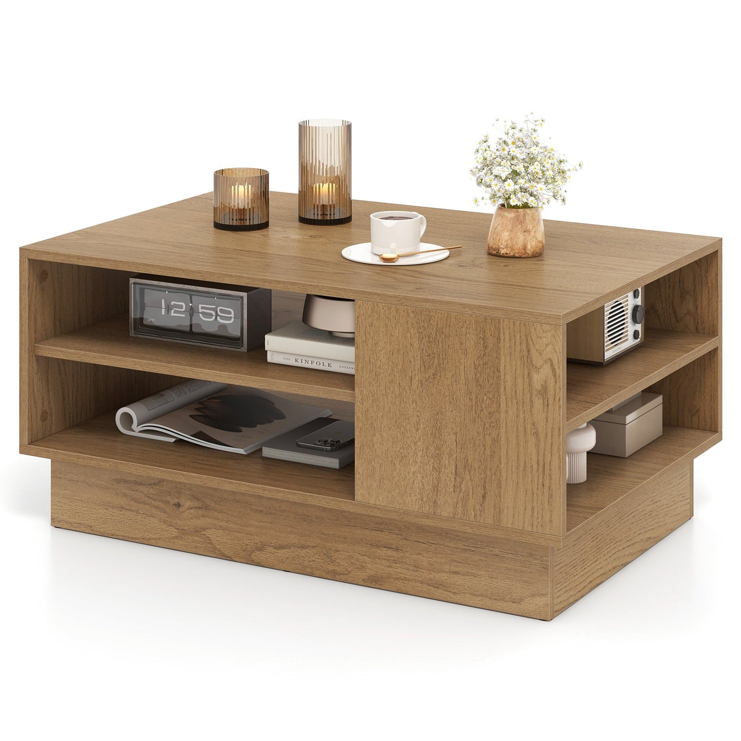 Wooden coffee table with storage space & open compartments living room table side table sofa table natural
