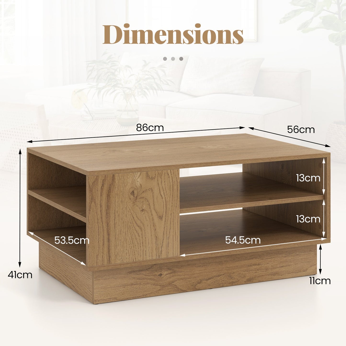Wooden coffee table with storage space & open compartments living room table side table sofa table natural