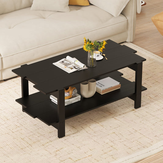 2-Tier Coffee Table Slatted Wood Center Table with Storage Shelf Accent Cocktail Table 120kg Capacity Black