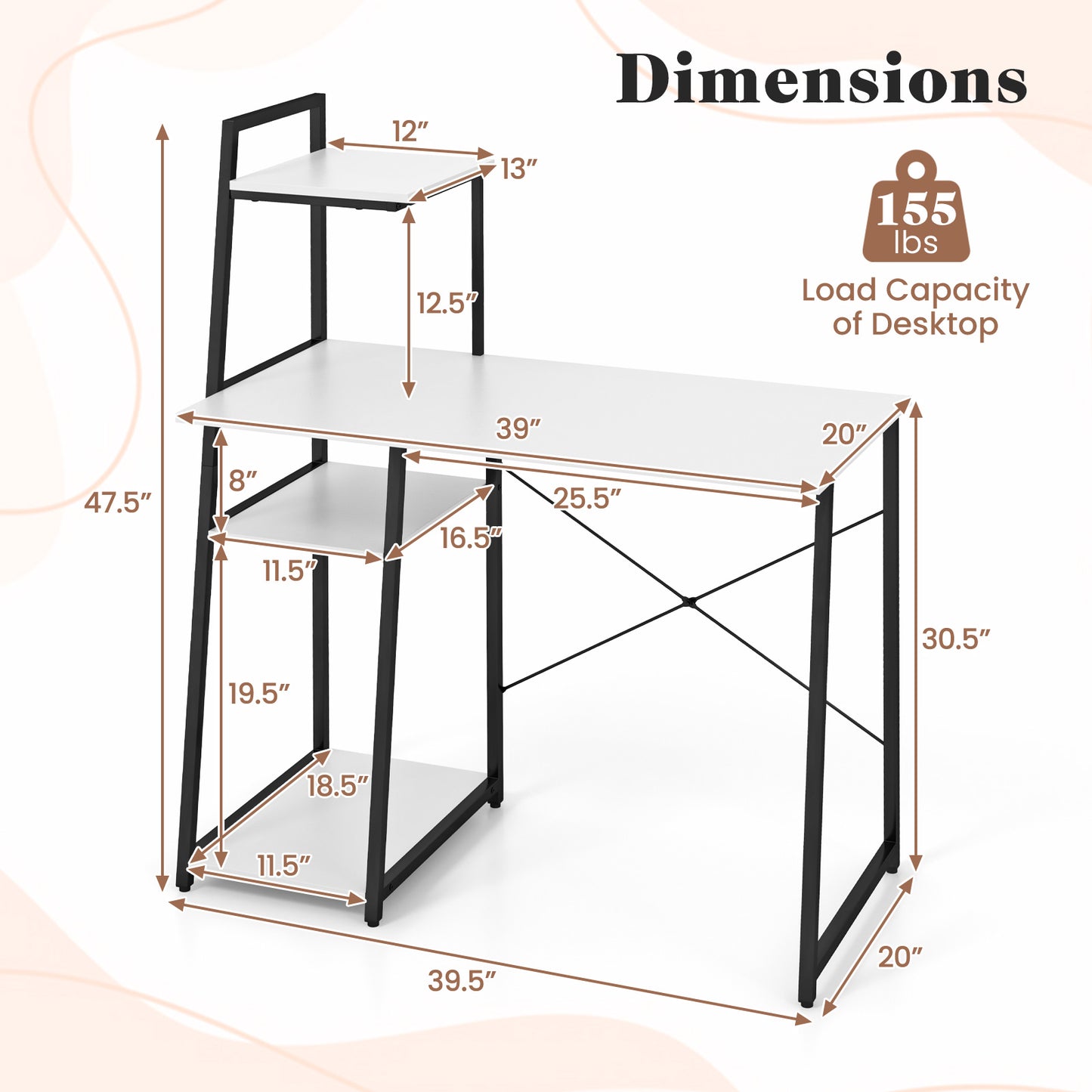 Compact Computer Desk Workstation with 4 Tier Shelves for Home and Office-White