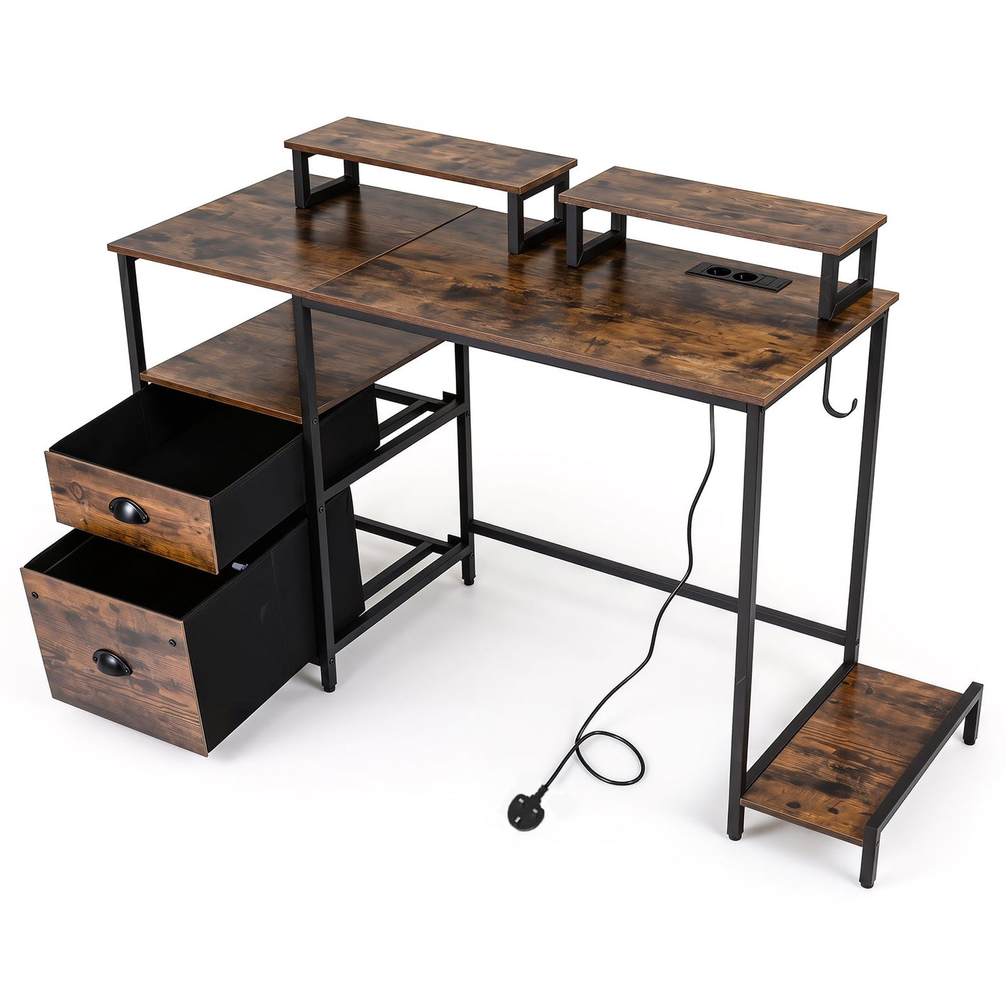 Computer Desk with Power Outlets with 2 Monitor Shelves and CPU Stand-RusticBrown