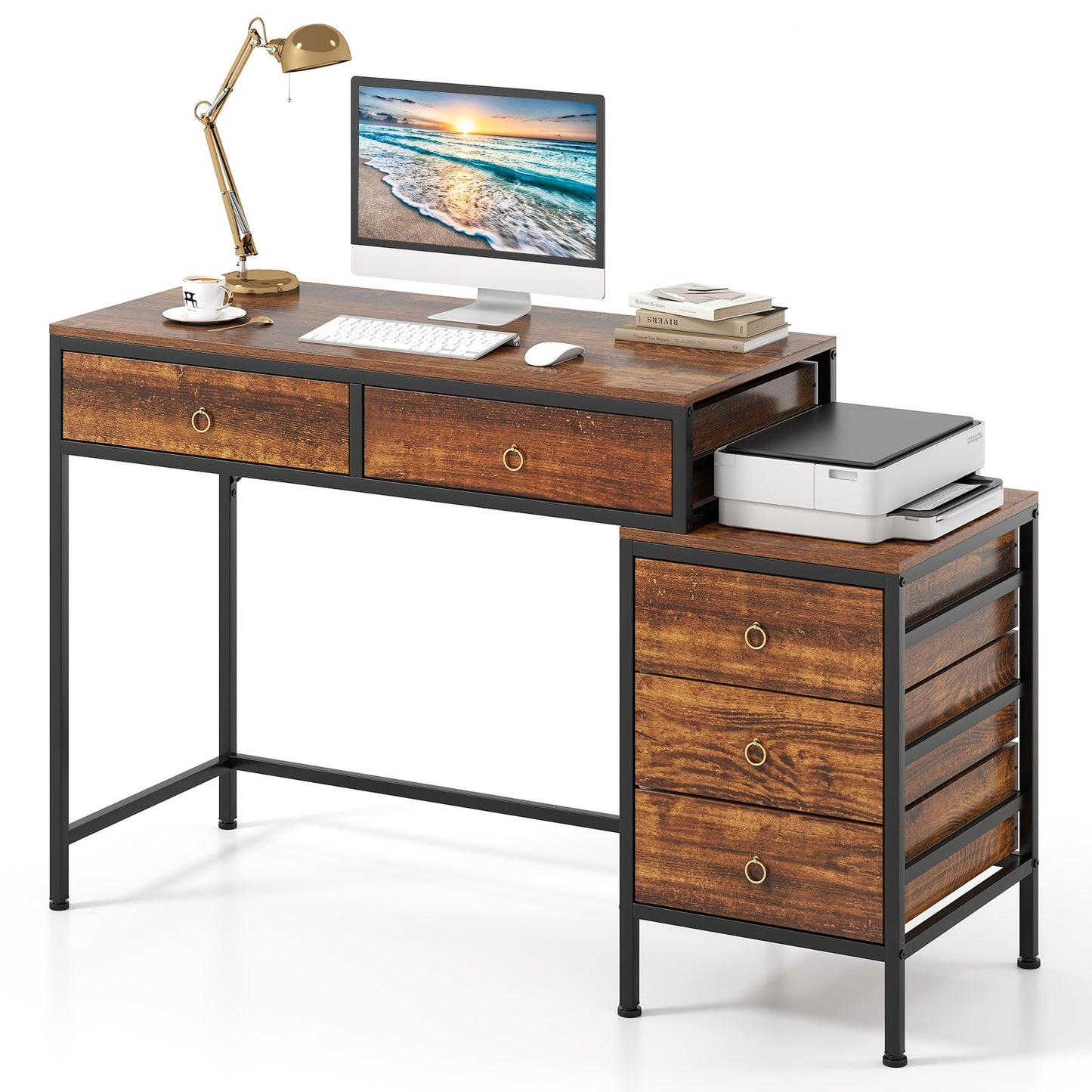 Computer Desk with 5 Drawers and Side File Cabinet-Rustic Brown