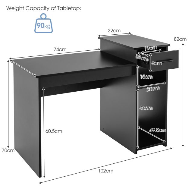 Wooden Computer Desk with Drawer & Shelves 104 x 50 x 82 cm Black