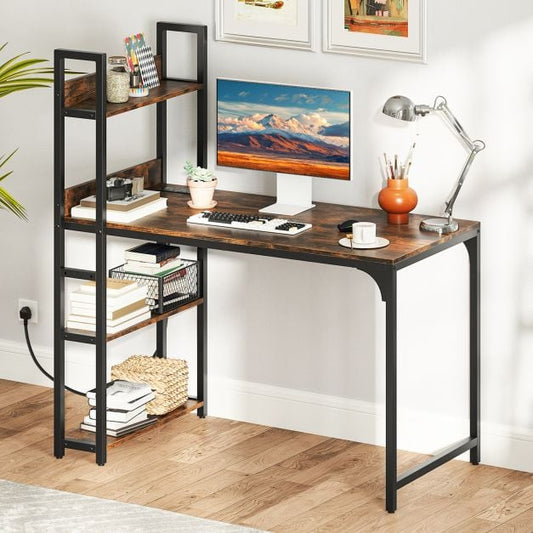 Computer Desk with Power Strip 120 CM Study Writing Desk with Bookshelf-Rustic Brown
