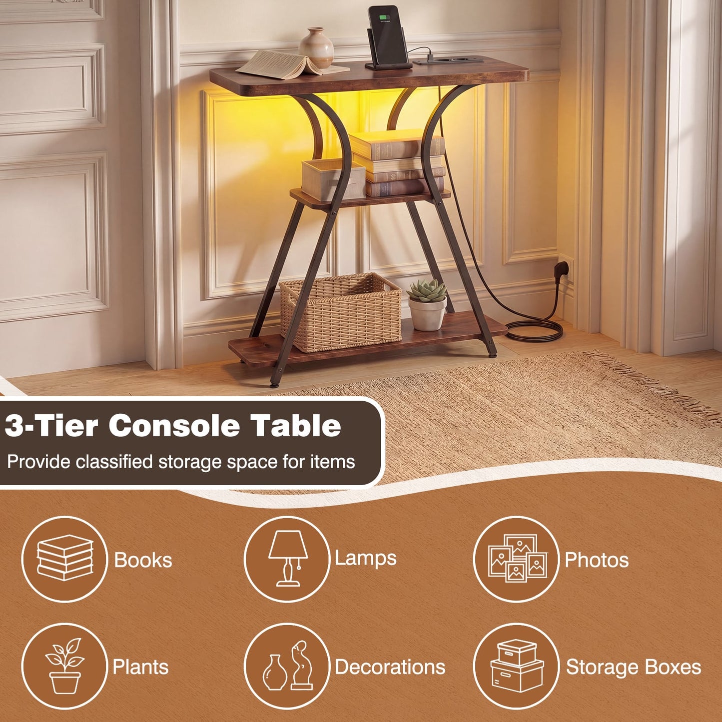 Console Table with LED Lights Power Outlets and Storage Shelves for Entryway-Rustic Brown
