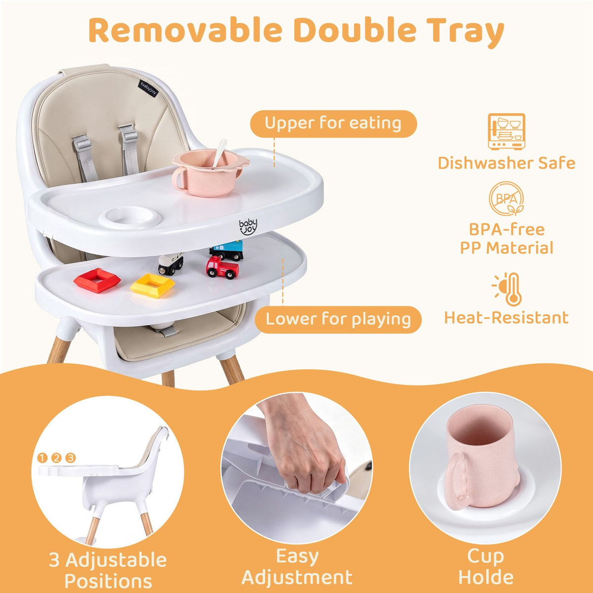 Convertible High Chair for Babies and Toddlers 5-Point Harness Dishwasher Safe Frame-Beige