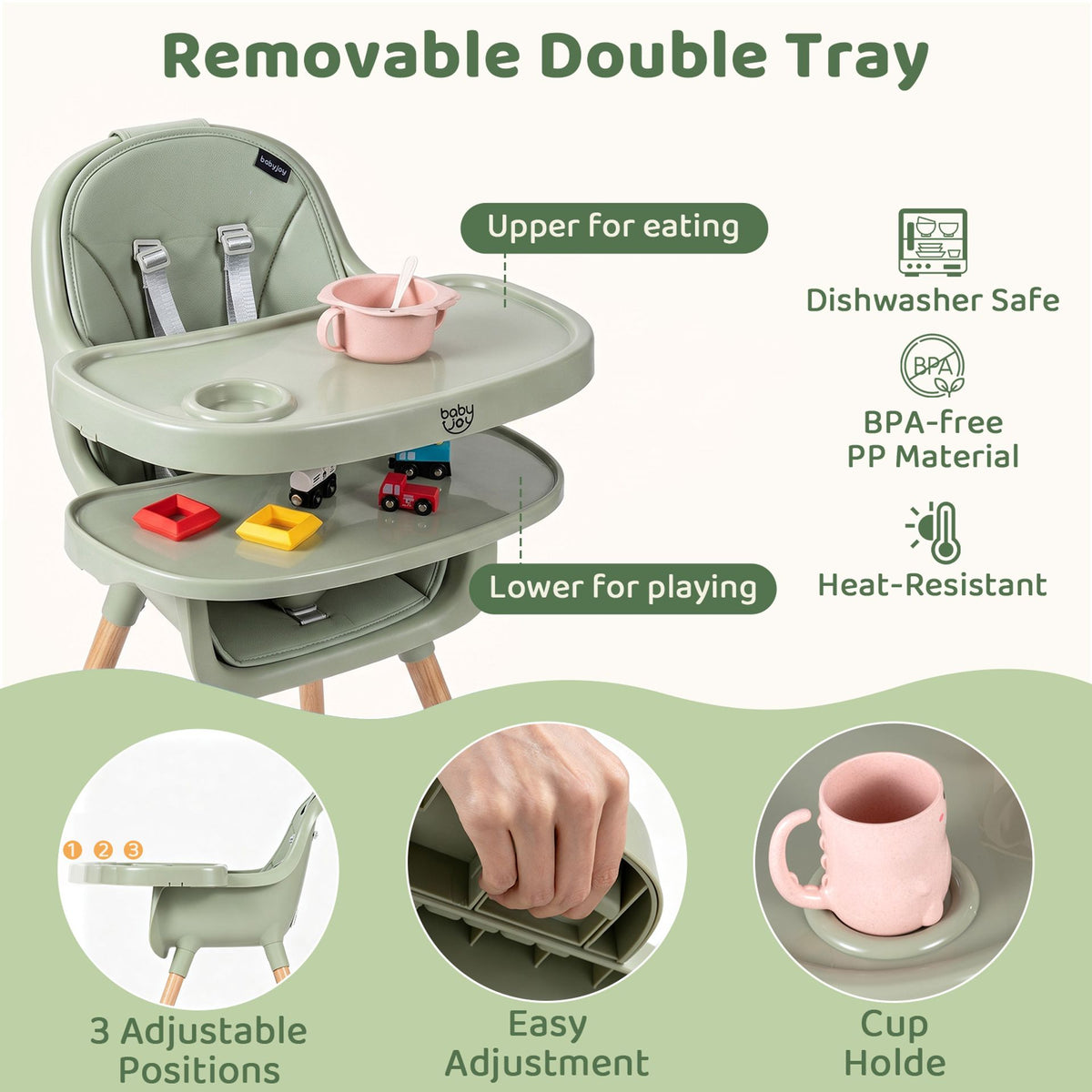 Convertible High Chair for Babies and Toddlers 5-Point Harness Dishwasher Safe Frame-Green