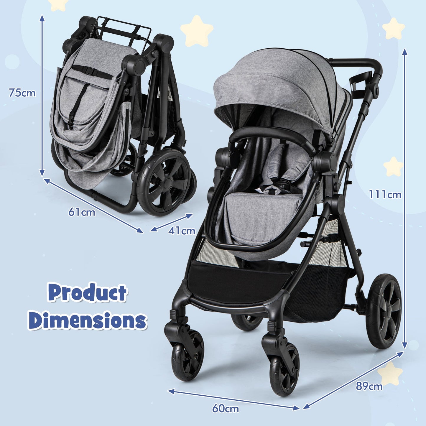 2-in-1 Convertible Baby Stroller with Reversible Seat and Adjustable Canopy-Grey