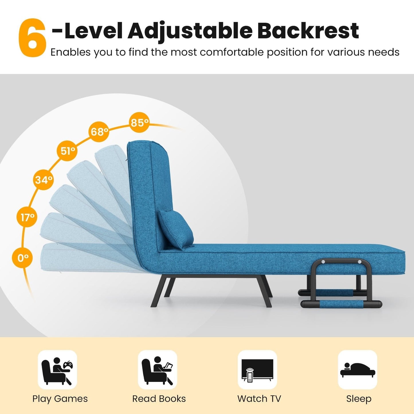 Convertible Sofa Bed 4-in-1 with 6-Position Adjustable Backrest-Blue