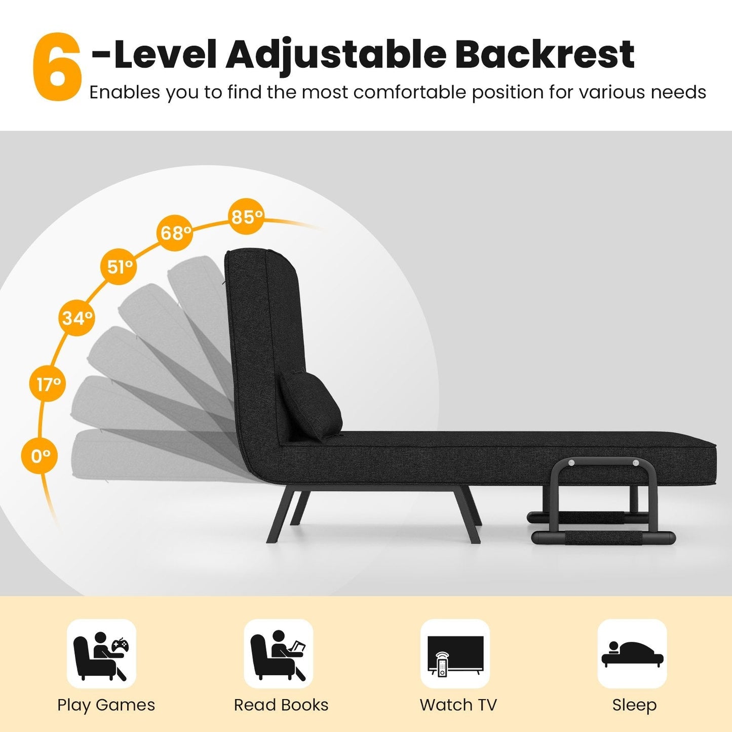 Convertible Sofa Bed 4-in-1 with 6-Position Adjustable Backrest-Black