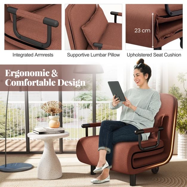 3-in-1 Convertible Sofa Bed with 5-Position Adjustable Backrest-Brown