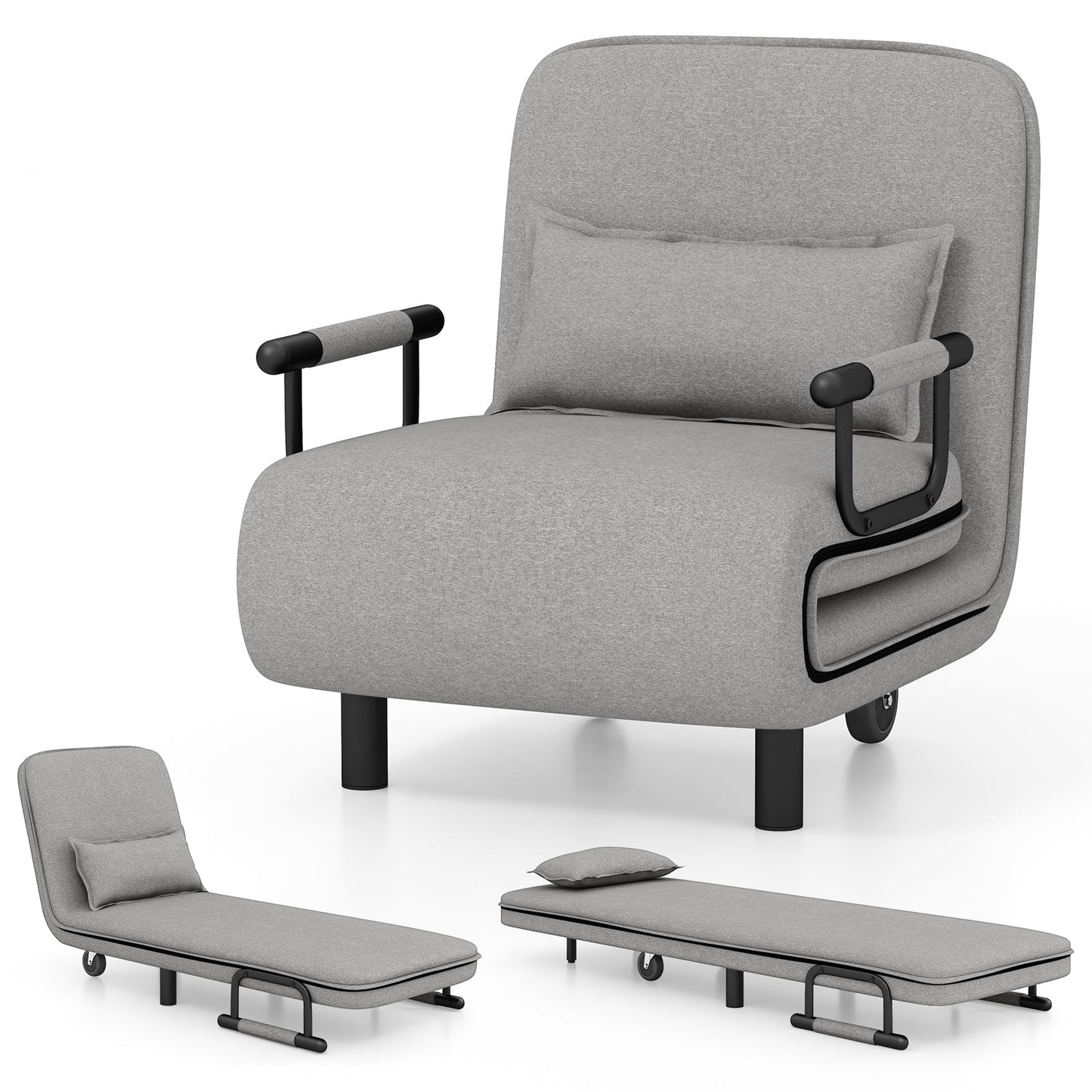 3-in-1 Convertible Sofa Bed with 5-Position Adjustable Backrest-Light Grey