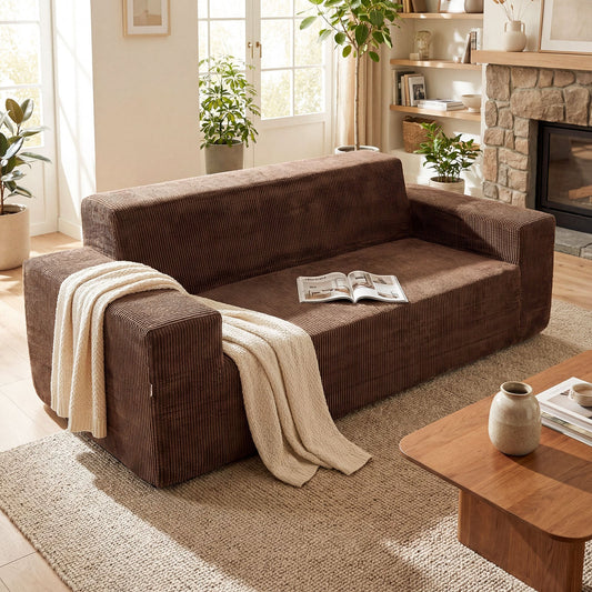 Corduroy 3-Seater Sofa No Assembly Needed with High Backrest & Wide Armrest-Brown