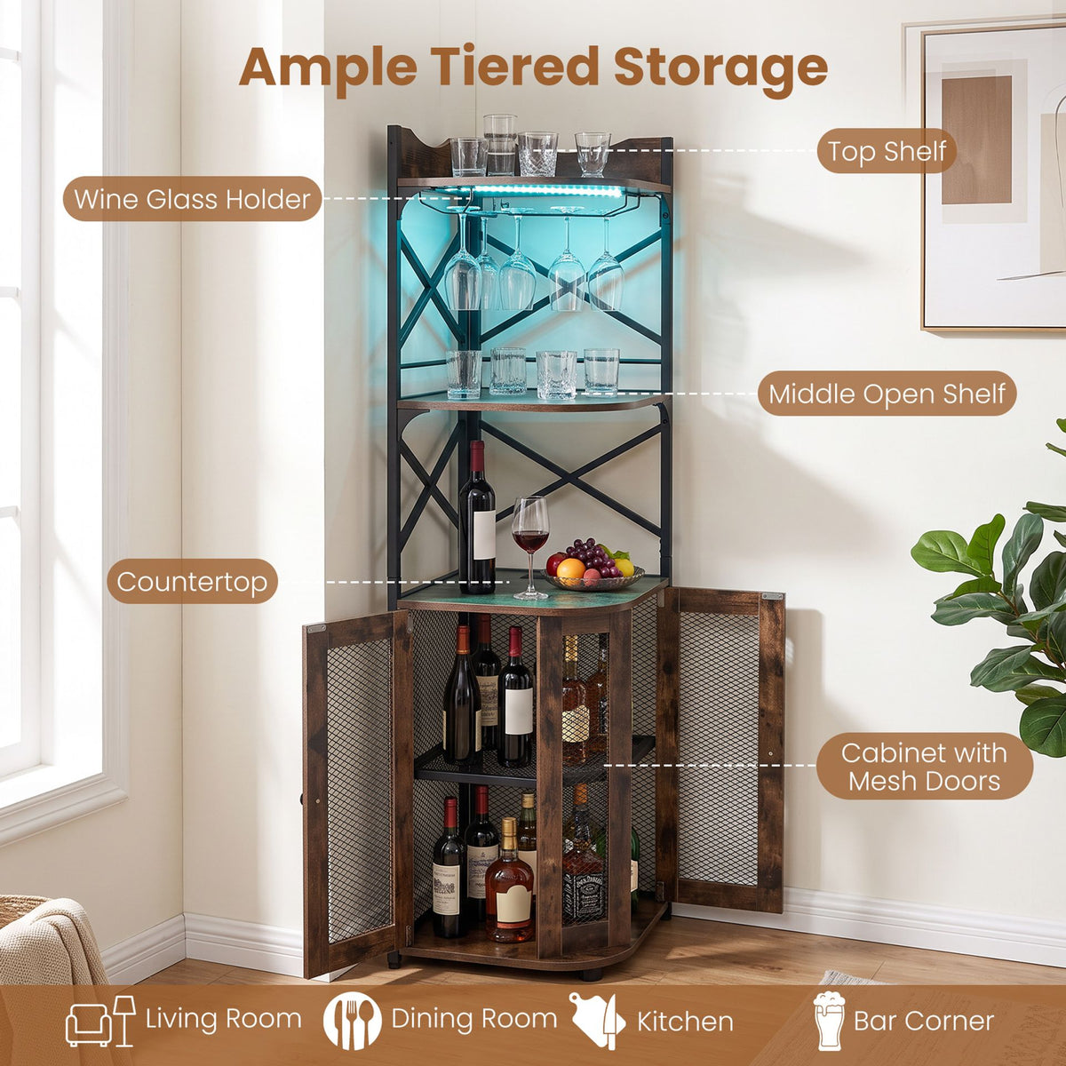 Corner Bar Cabinet with LED Lights Power Outlet and Glass Holder Storage Shelves-Rustic Brown