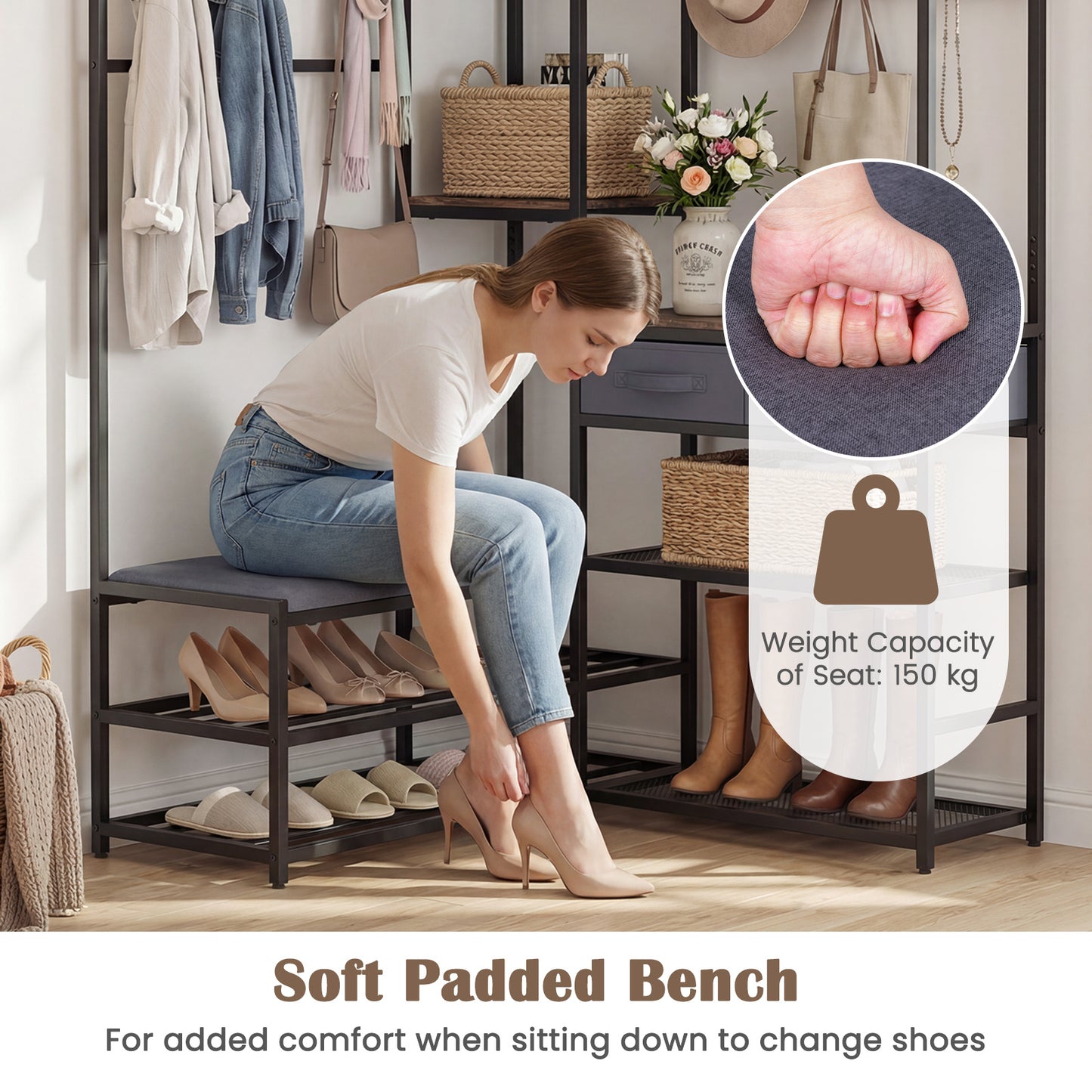 Corner Coat Rack with Shoe Bench and Shelves for Entryway-Rustic Brown