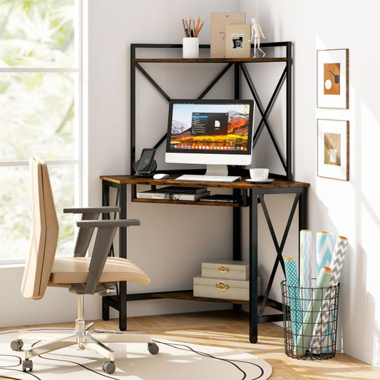 Corner Computer Desk with Hutch Storage Shelves and Keyboard Tray-Rustic Brown