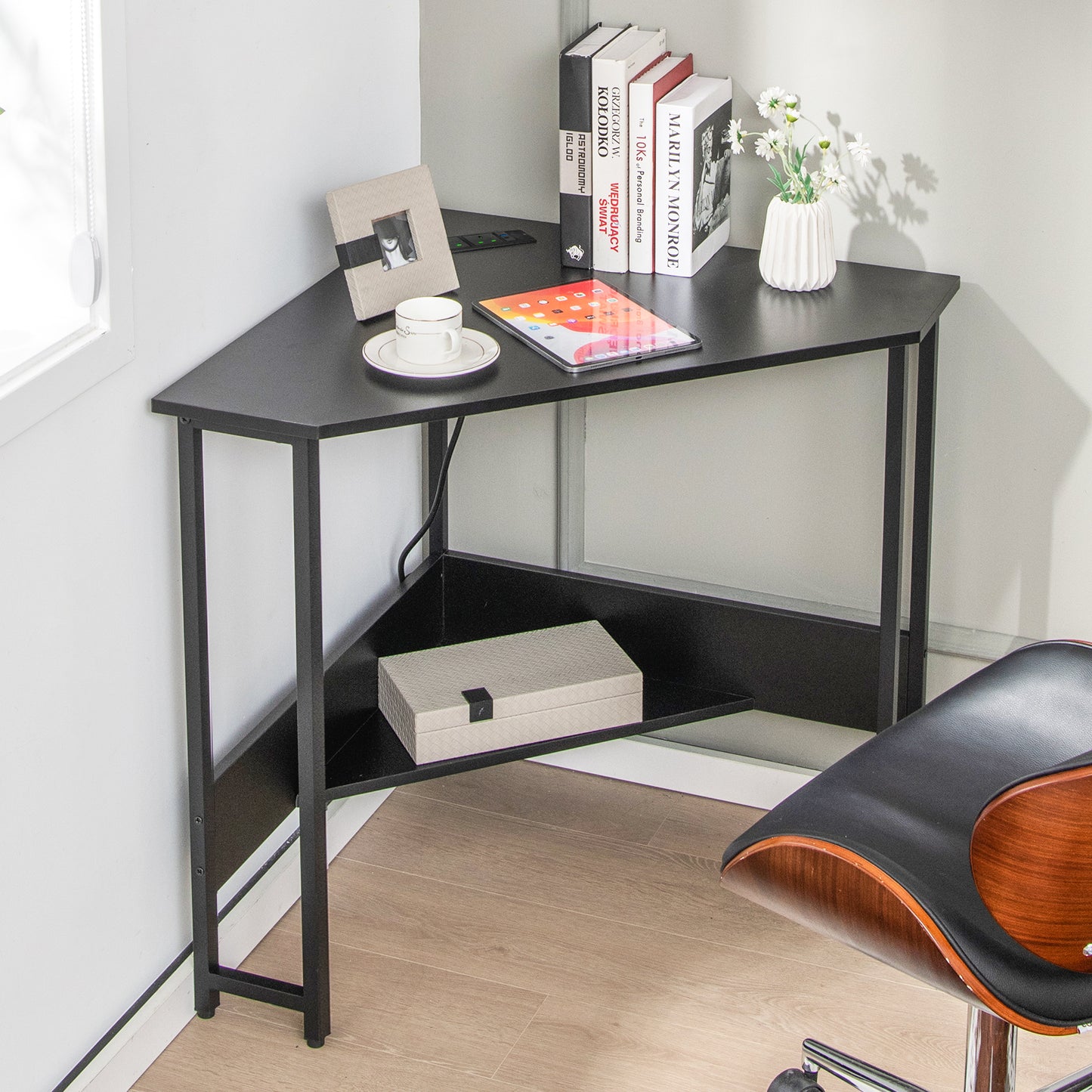 Corner Desk 90-degree Triangle Computer Desk with Power Outlet-Black