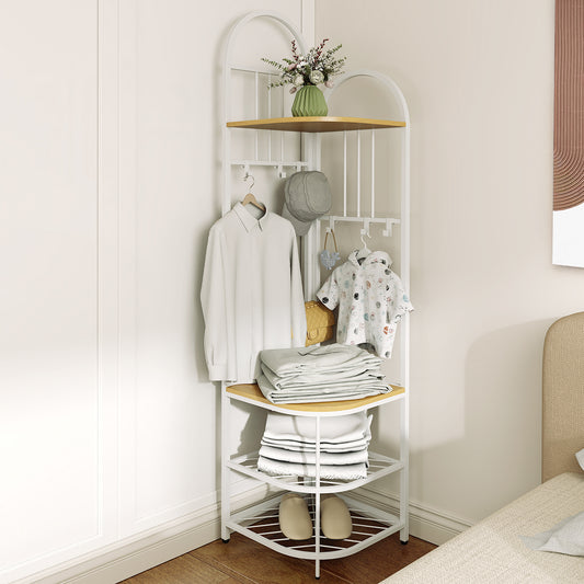 Corner Hall Tree 4-Tier Coat Rack with Storage Bench and Hooks-Natural