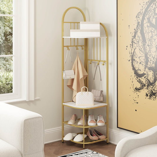 Corner Hall Tree 4-Tier Coat Rack with Storage Bench and Hooks-White and Golden