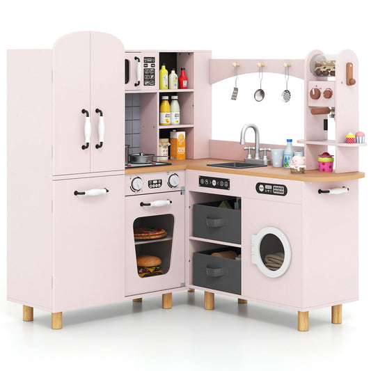 Wooden Corner Play Kitchen with Pine Wood Legs and Lights & Sounds-Pink