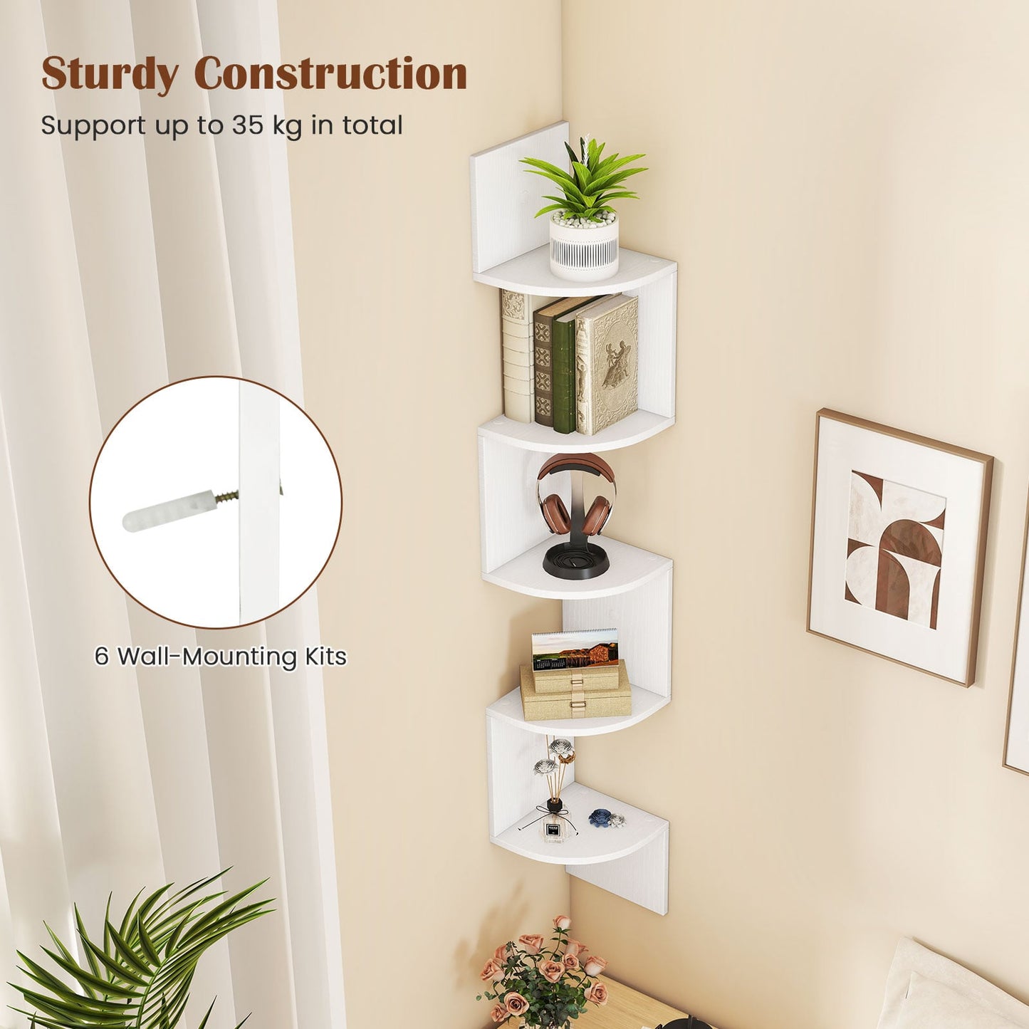 5-Tier Corner Shelf Wall Mount Floating Corner Bookshelf Corner Ladder Shelf-White