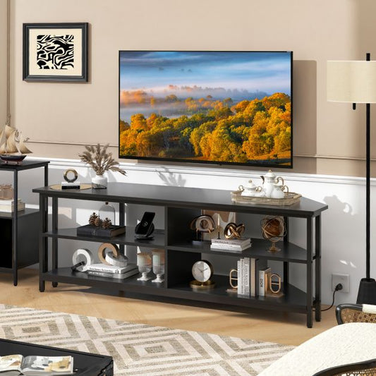 Corner TV Stand with AC Outlets and Storage Shelves-Black