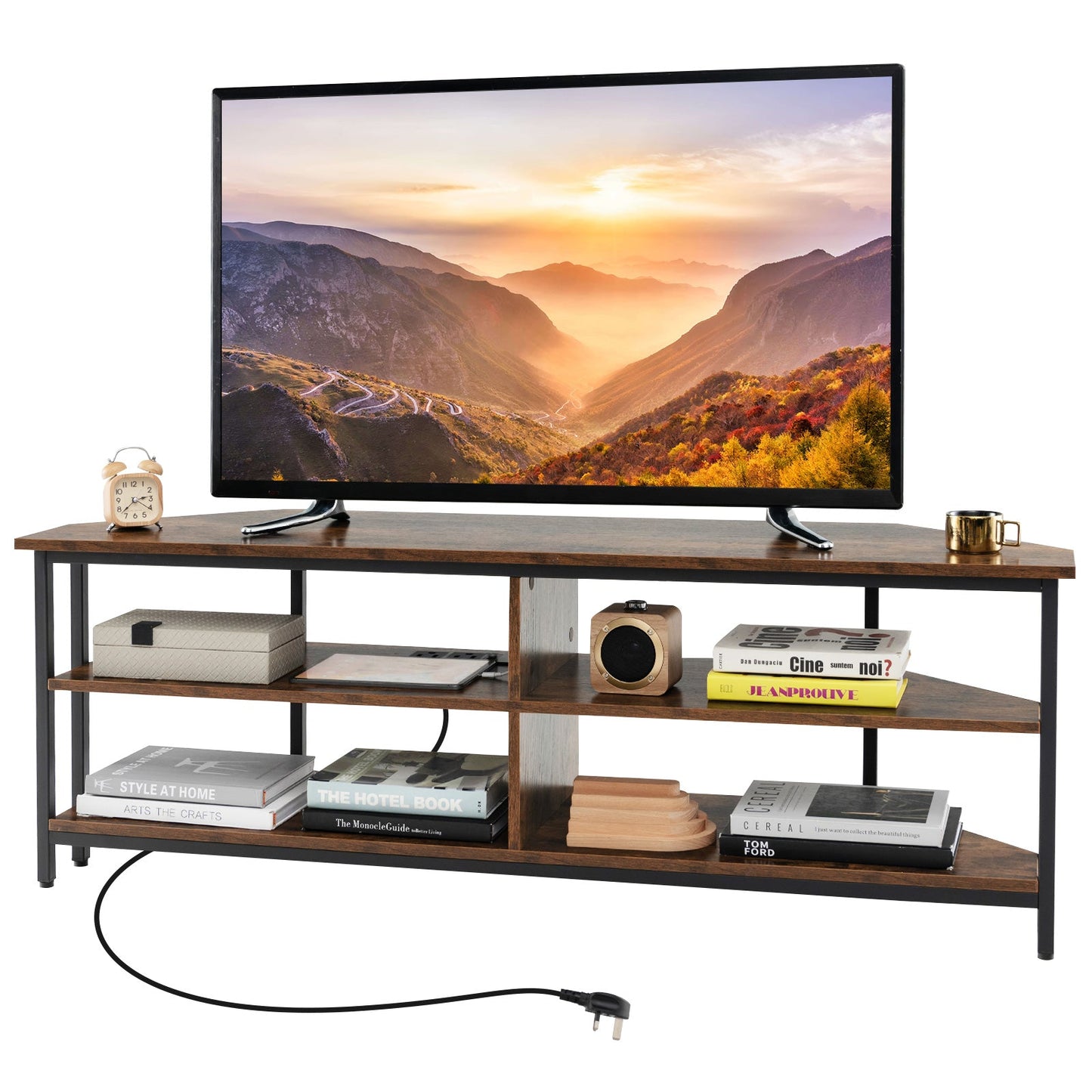 Corner TV Stand with AC Outlets and Storage Shelves-Brown
