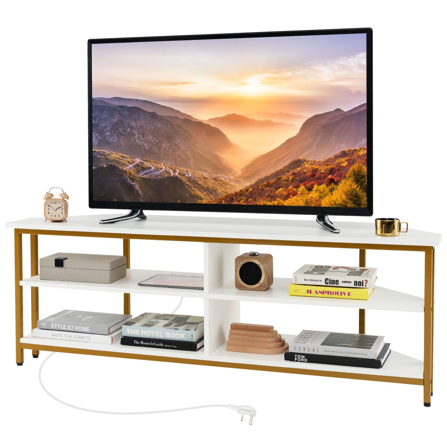 Corner TV Stand with AC Outlets and Storage Shelves-White