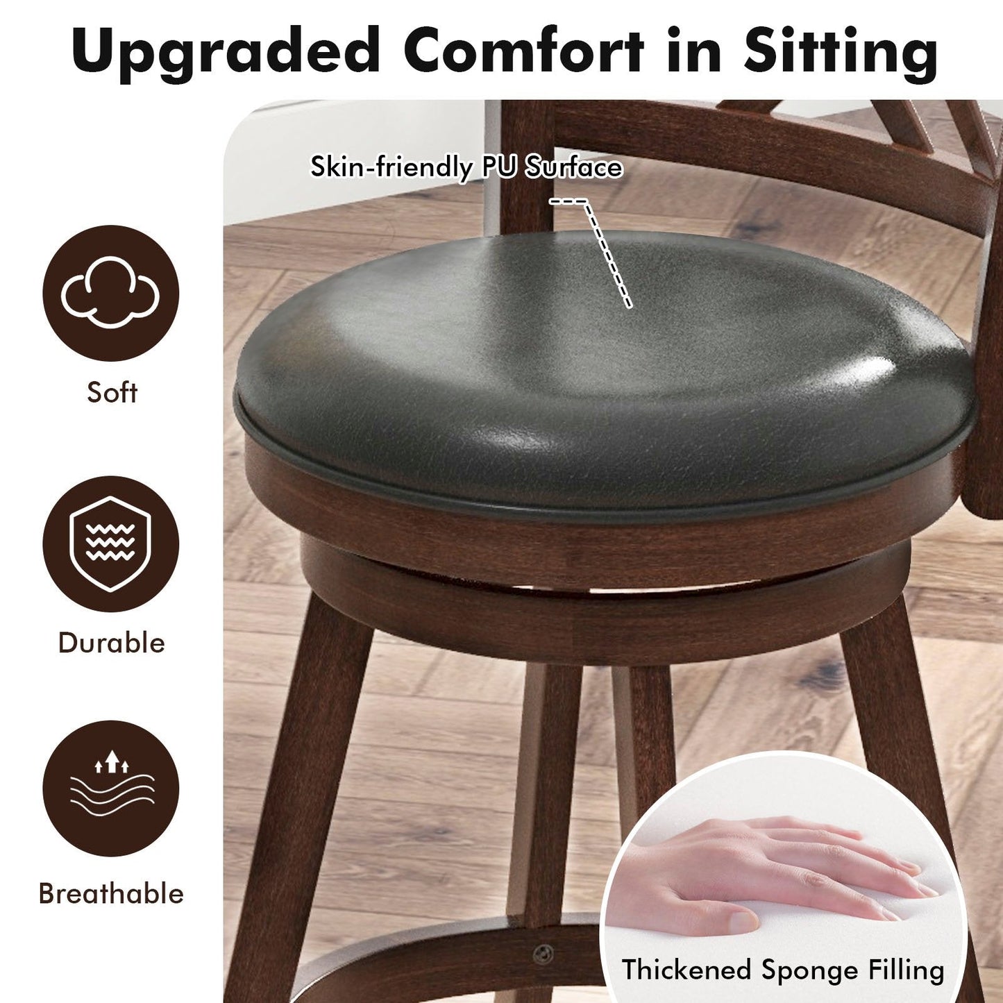 Upholstered Counter Height Barstools with PU Surface and Rubber Wood Frame-24 Inches