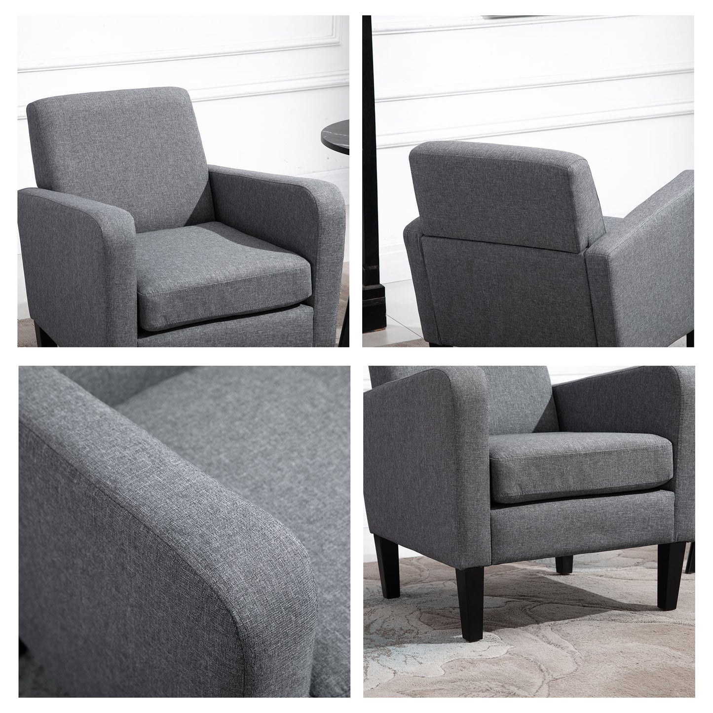 HOMCOM 2-częściowe nowoczesne fotele z nogami z drewna kauczukowego, tapicerowane krzesła akcentowe, pojedyncza sofa do salonu, sypialni, szare