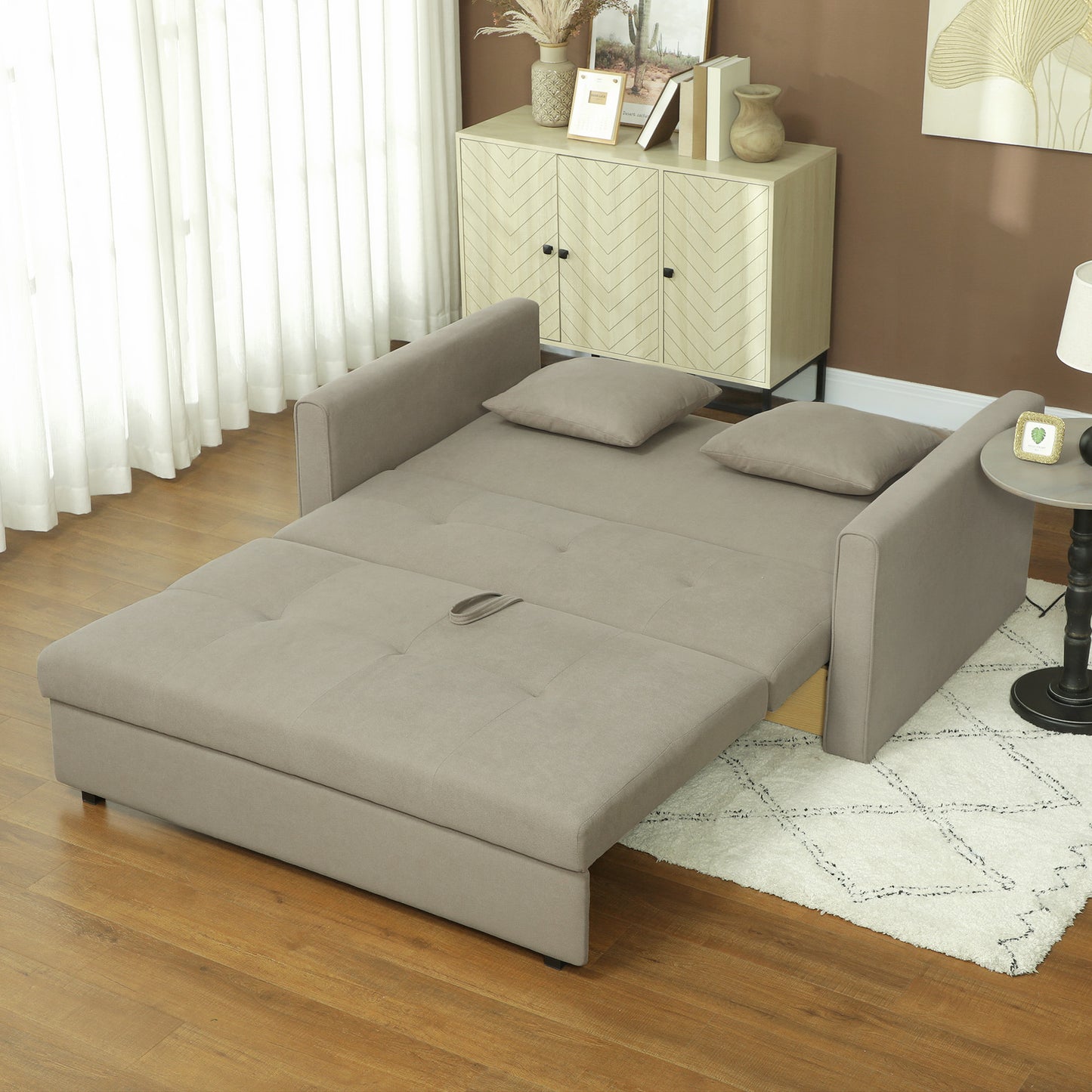 HOMCOM 2 Seater Sofa Bed, Convertible Bed Settee, Modern Velvet Loveseat Sofa Couch with 2 Cushions, Hidden Storage for Living Room, Guest Room, Light Brown