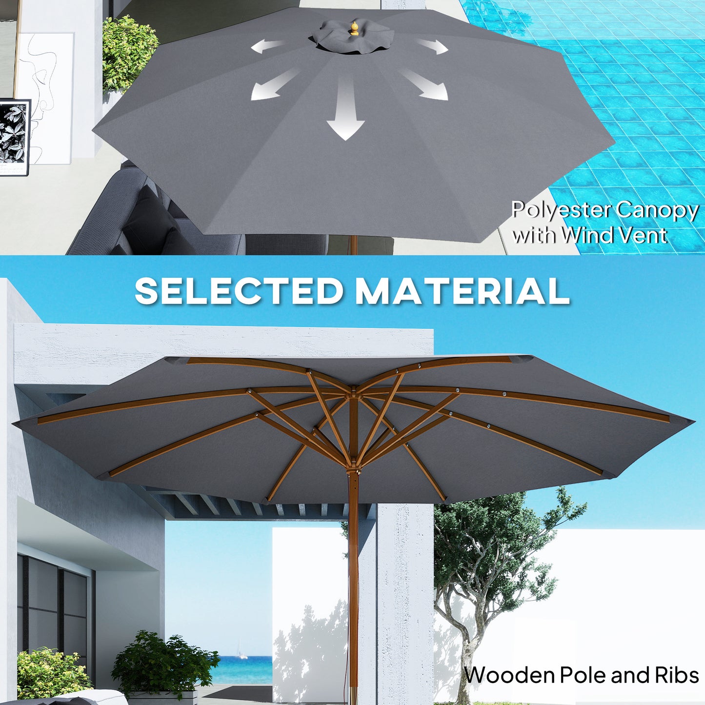 Outsunny 3m Parasol na słupku drewnianym - szary