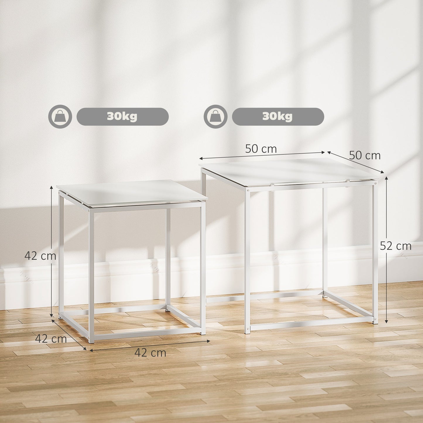 Zestaw stolików HOMCOM Nest of Tables, zestaw 2 stolików kawowych, stolików bocznych z blatem ze szkła hartowanego i metalową ramą do salonu, sypialni, biura, biały