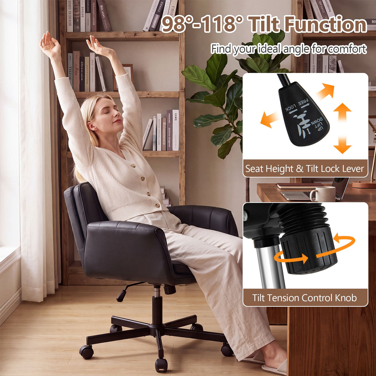 Criss Cross Office Chair with 6-Level Adjustable Arms and Wheels for Home Office-Black