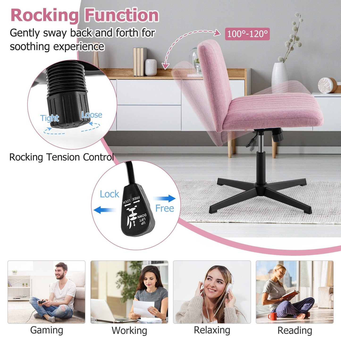 Criss Cross Legged Chair No Wheels 120° Rocking Adjustable Height-Pink