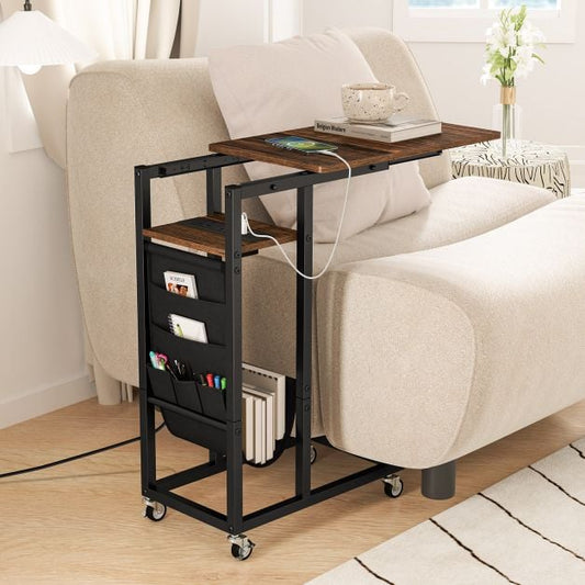 C-shaped End Table Rolling with Charging Station and Retractable Tabletop-Rustic Brown