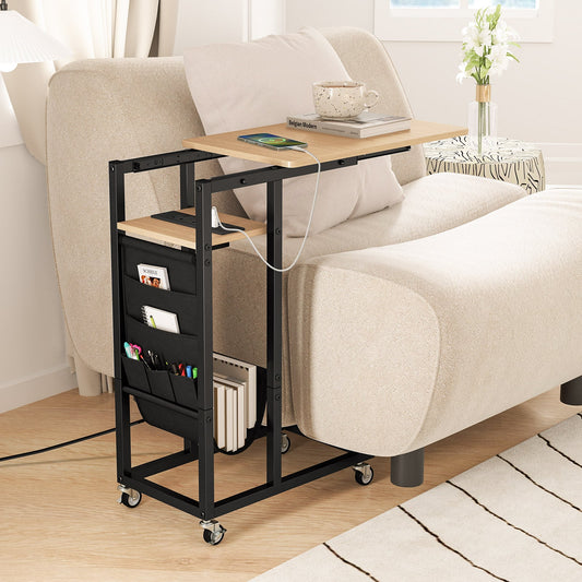 C-shaped End Table Rolling with Charging Station and Retractable Tabletop-Natural