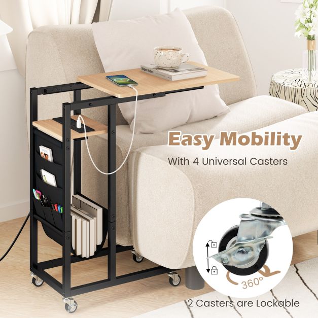 C-shaped End Table Rolling with Charging Station and Retractable Tabletop-Natural