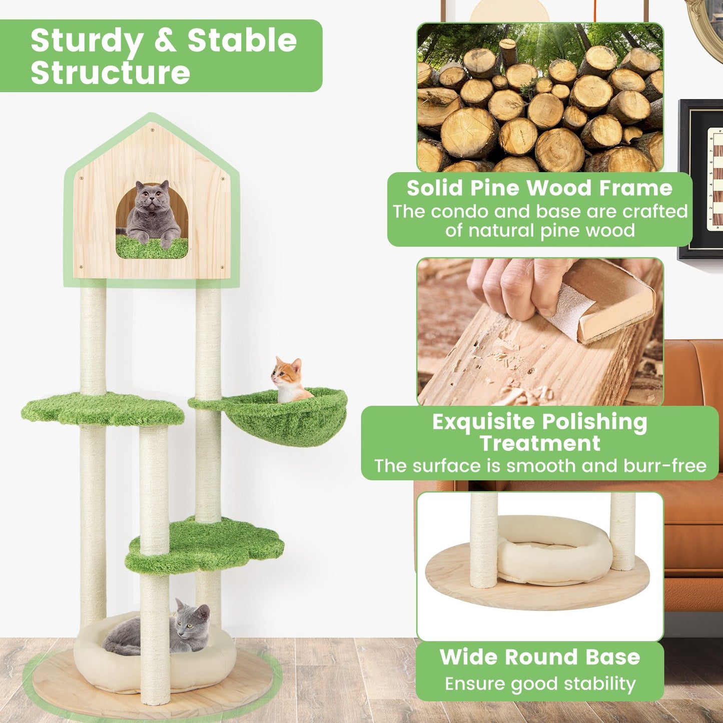 Wooden Cat Tree with Sisal Scratching Posts-Green