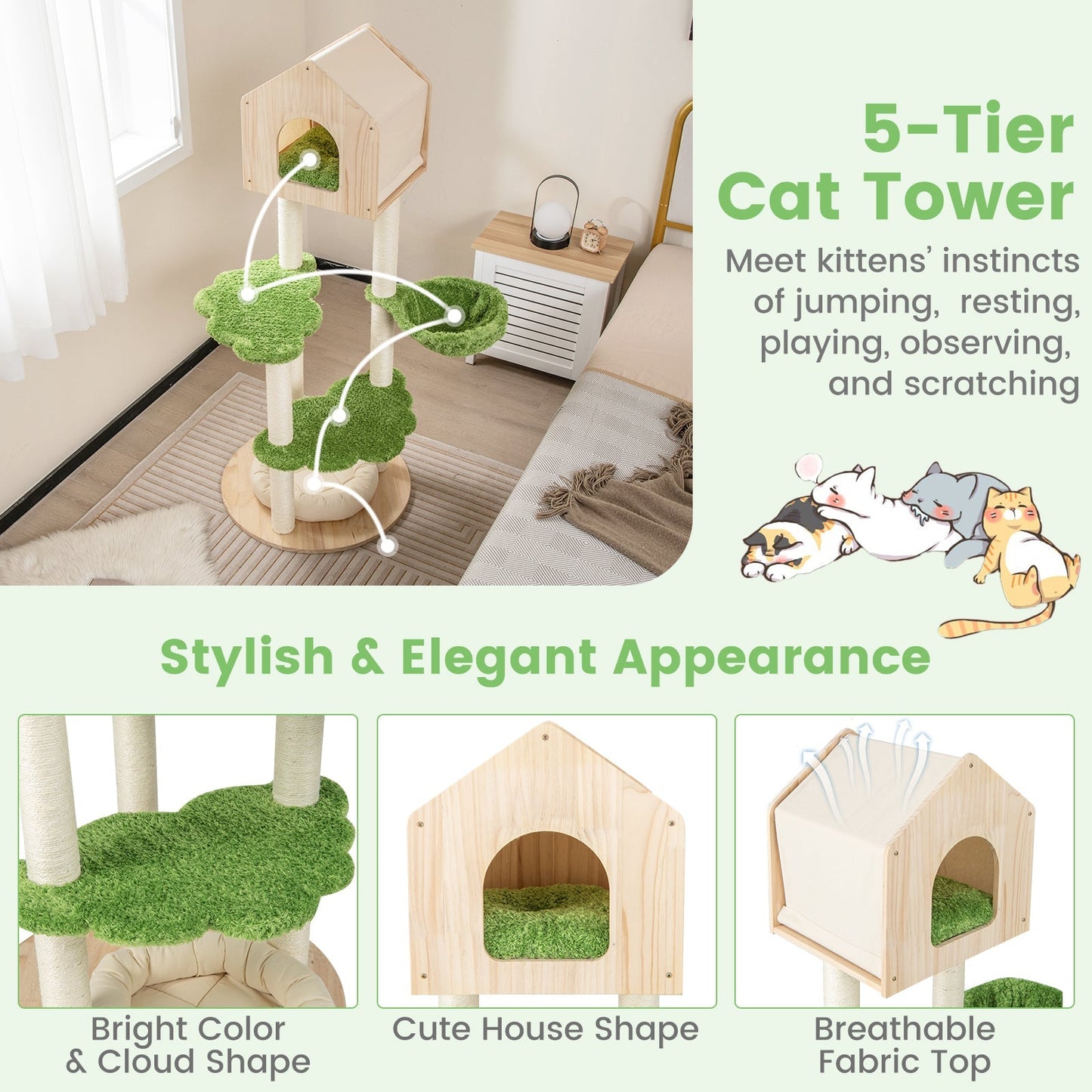 Wooden Cat Tree with Sisal Scratching Posts-Green