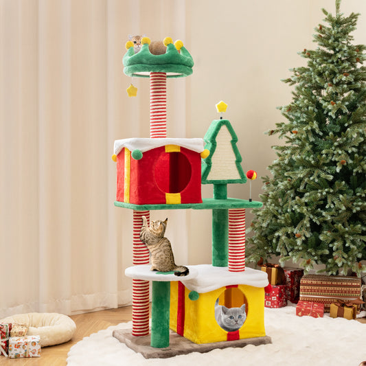 Cute Christmas Cat Tree Large Cat Tower with Sisal Scratching Posts and Carpe-Multicolor