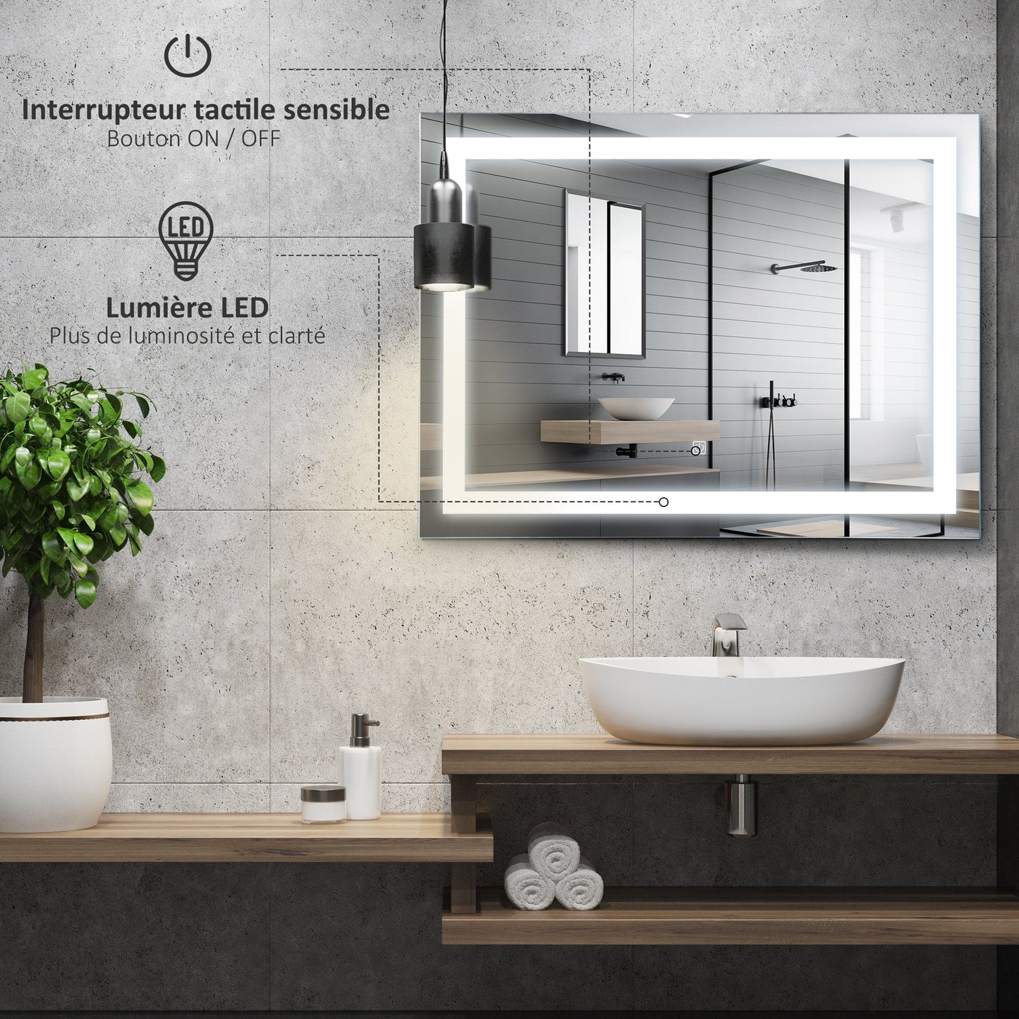 Kleankin 80x60cm Lustro łazienkowe LED montowane na ścianie Lampa toaletkowa podświetlana z przełącznikiem dotykowym Akcesoria do wyposażenia domu