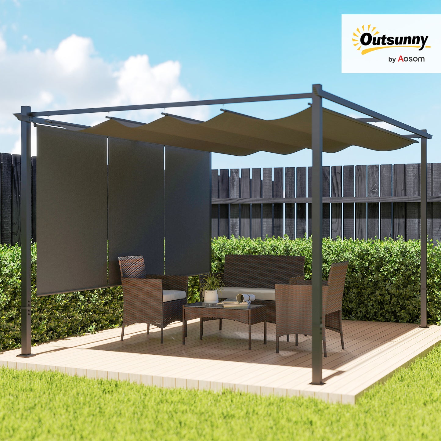 Outsunny 3 x 4m Metalowa pergola z chowanym dachem i roletą, montowana na ścianie lub wolnostojąca ogrodowa altana z baldachimem, UPF30+ zewnętrzna osłona przeciwsłoneczna, szara