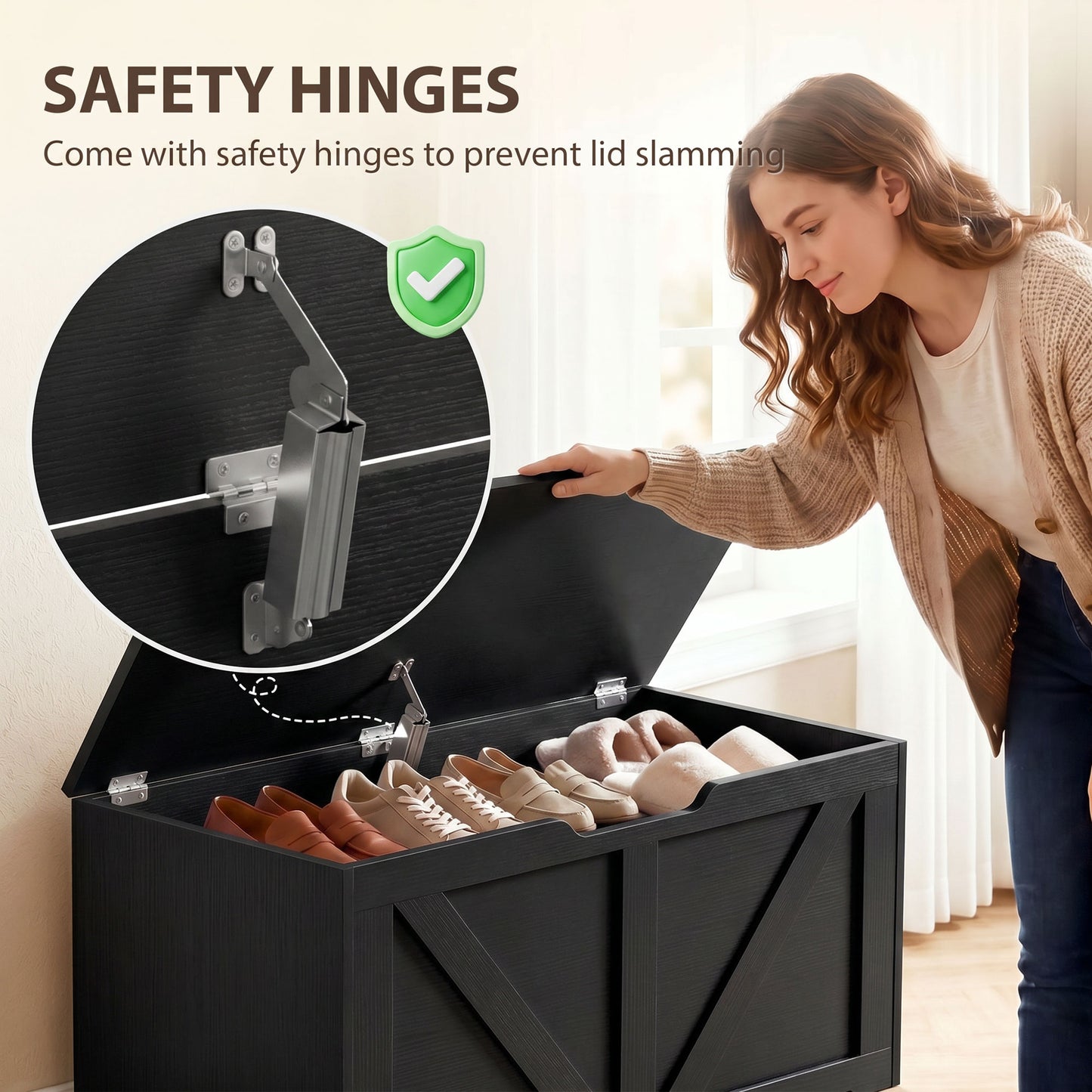 HOMCOM 100L Home Storage Box, with Safety Hinge - Black Wood-Effect