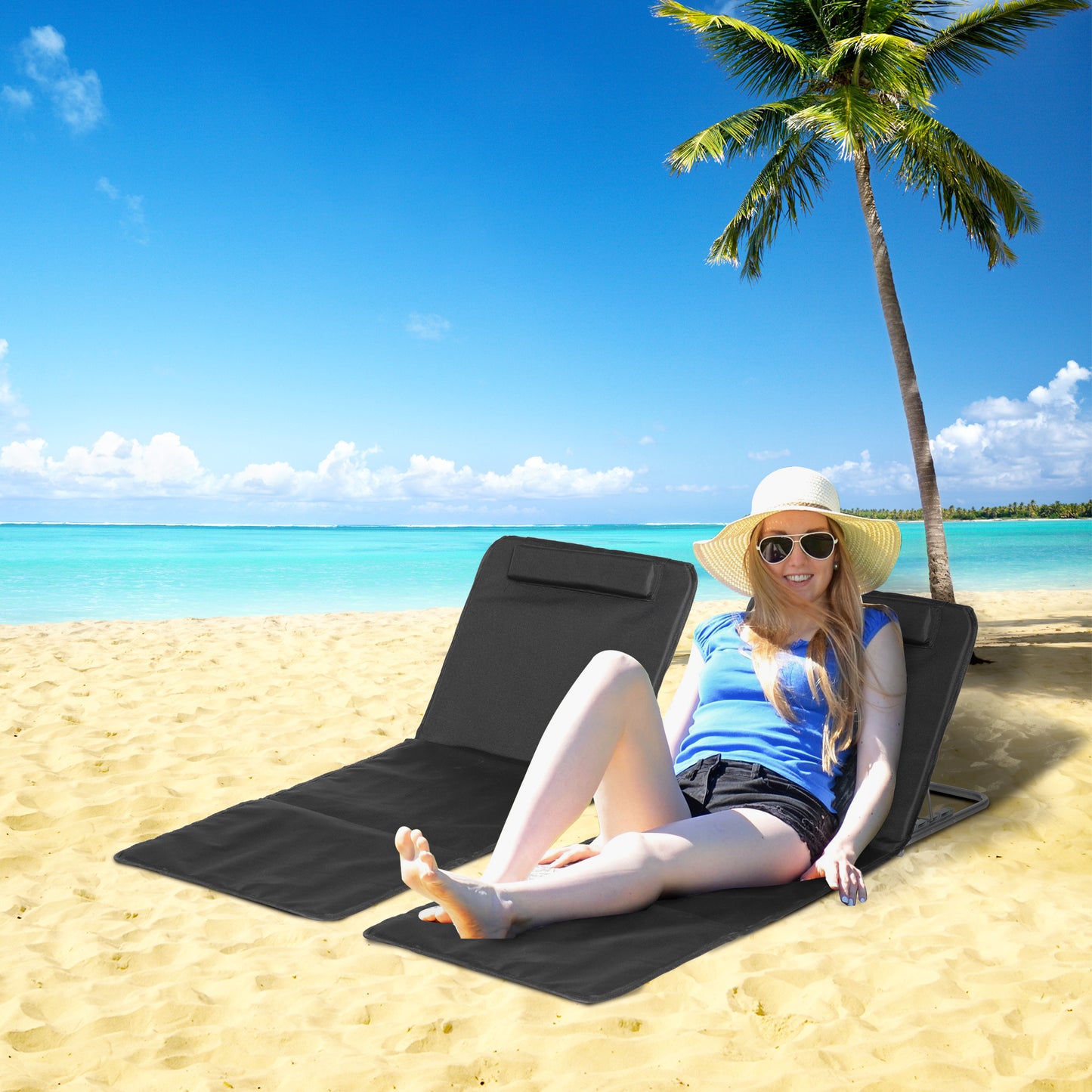 Outsunny Zestaw 2 składanych mat ogrodowych na plażę Lekkie siedziska leżaków ogrodowych Regulowane oparcie Metalowa rama Poduszka pod głowę z tkaniny PE z torbą transportową, czarny