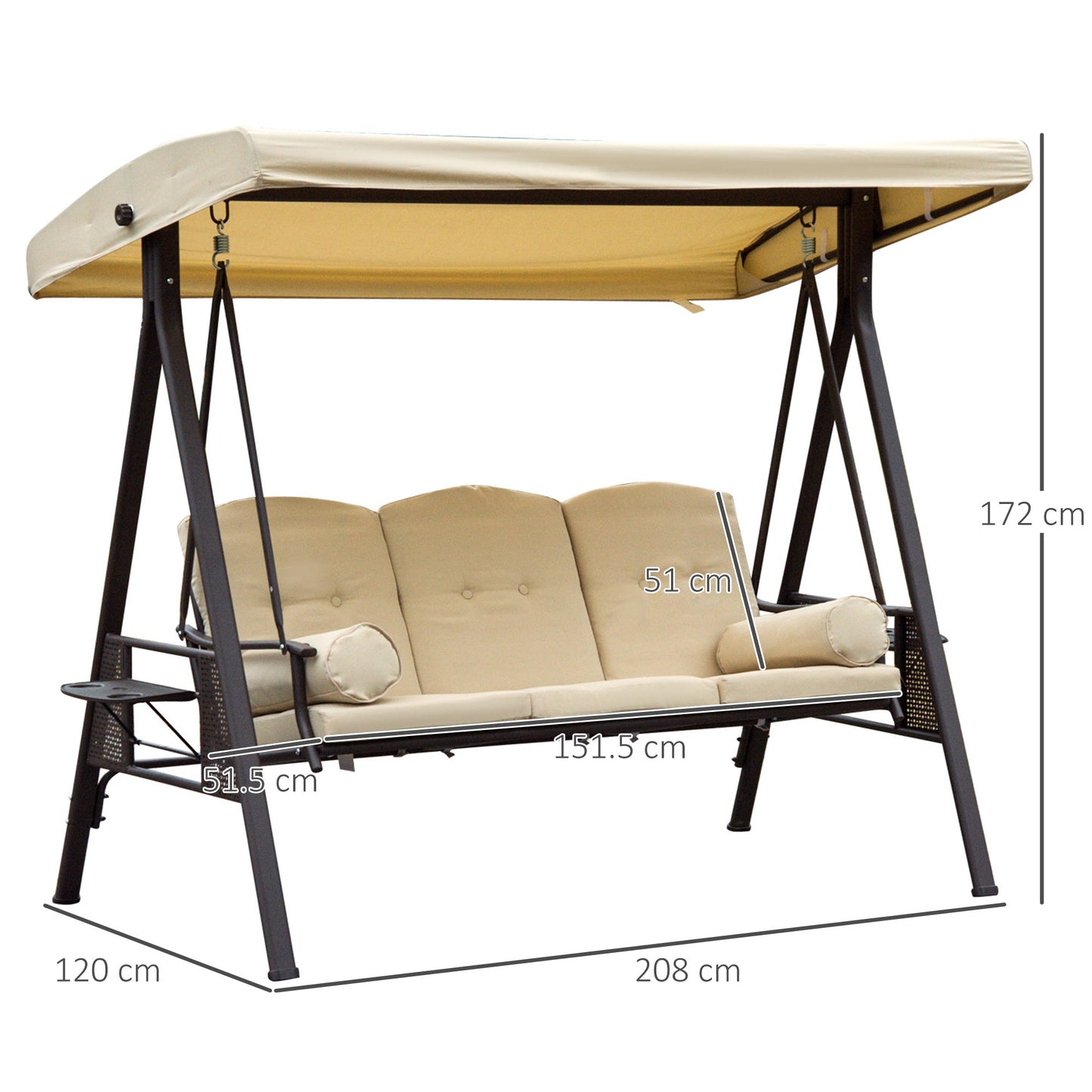 Outsunny Swing Chair Hammock Chair 3 Seater Canopy Cushion Shelter Outdoor Bench Steel Beige
