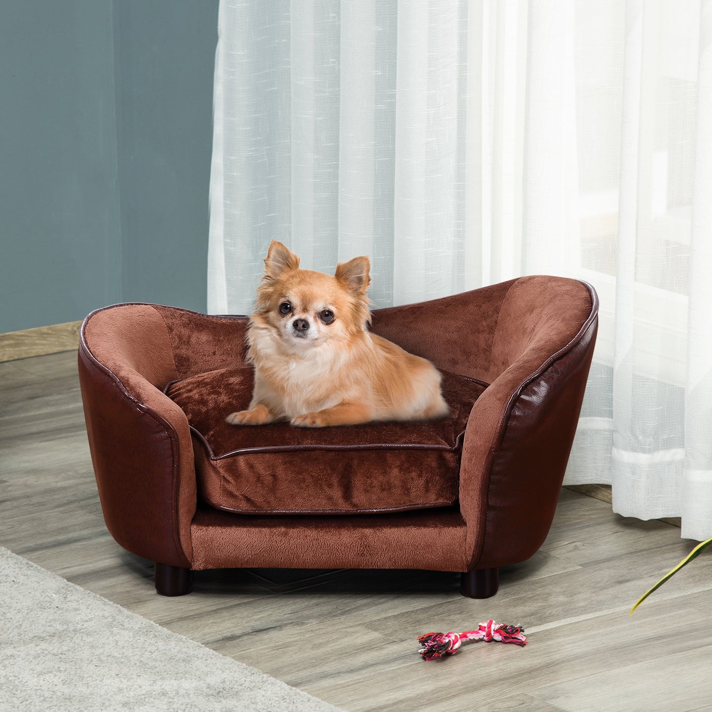 PawHut Dog Sofa Chair z nogami, kanapa dla zwierząt z miękką poduszką dla bardzo małych psów i kotów, brązowa, 68,5 x 40,5 x 40,5 cm