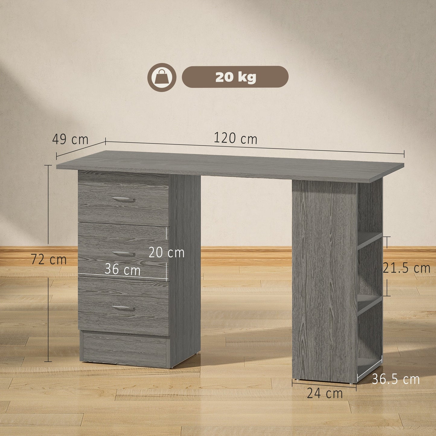 HOMCOM Computer Desk, Writing Table, PC Workstation with 3 Storage Shelves and Drawers, Silver Handle, for Home Office, Grey