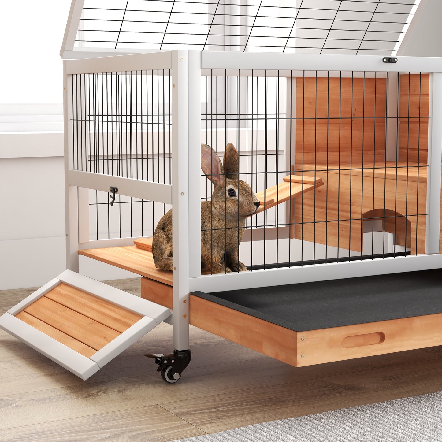 PawHut Wooden Guinea Pig Hutch, 2-Floor Bunny Cage w/ Enclosed Run Area, Yellow