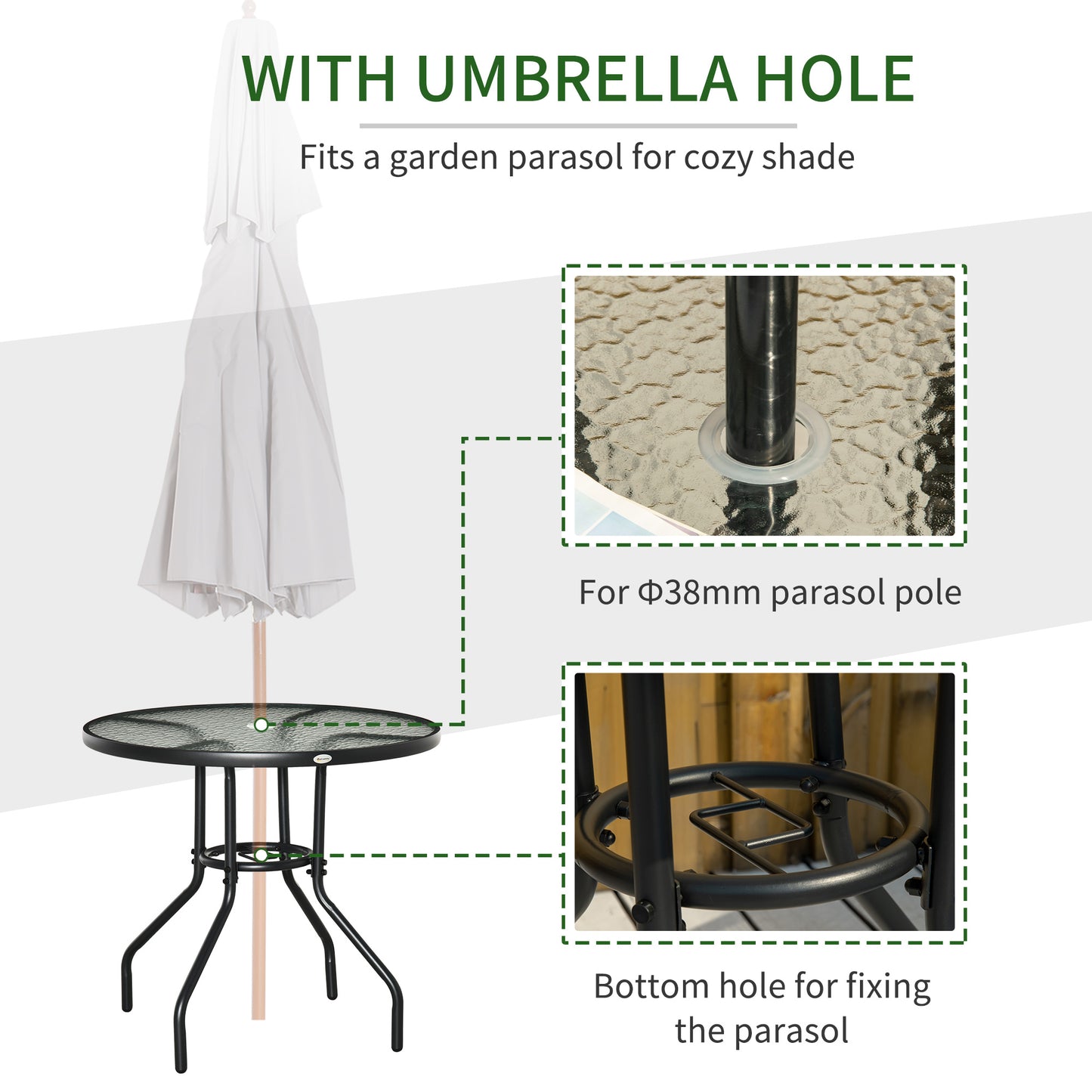 Outsunny Outdoor √è‚Ć80cm okrągły stół jadalny ze szklanym blatem hartowanym, stalową ramą, stolik kawowy Bistro, boczny stolik ogrodowy z otworem na parasol
